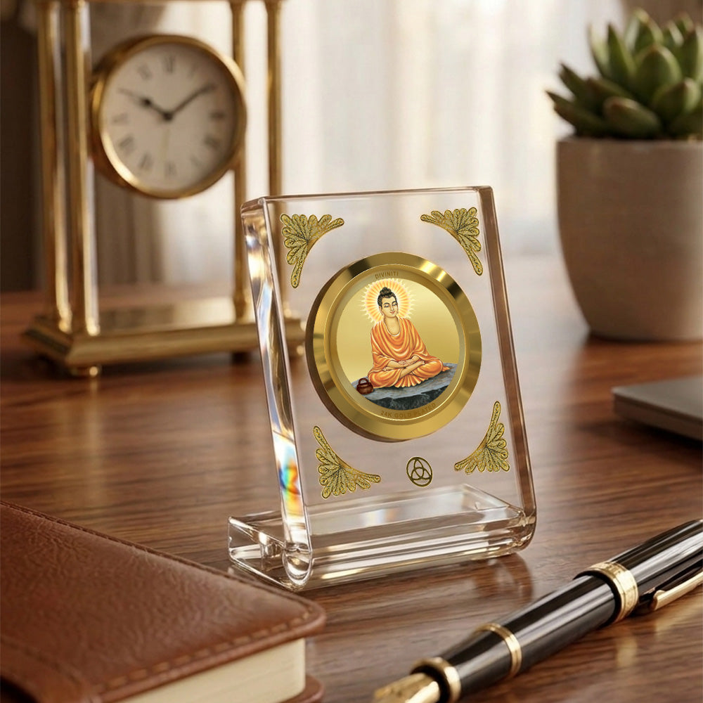Lord Buddha 24K gold plated car dashboard frame elegantly displayed on a wooden desk.