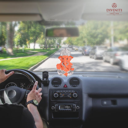 Diviniti 999 Silver Plated Lord Ganesha Idol for Car DashboardTabletop For Home Decor Mandir Puja Gift Terracotta Orange (8.4x4.2cm)