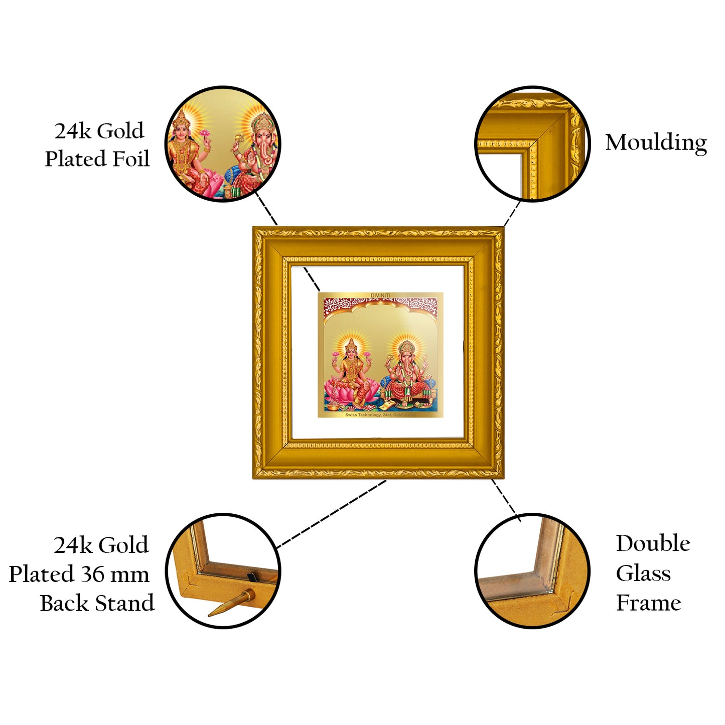 Diviniti 24K Gold Plated Laxmi Ganesha Photo Frame for Home Decor, Wall Hanging, Office Table, Gift DG101 Size 1A (9.9x9.9 CM)