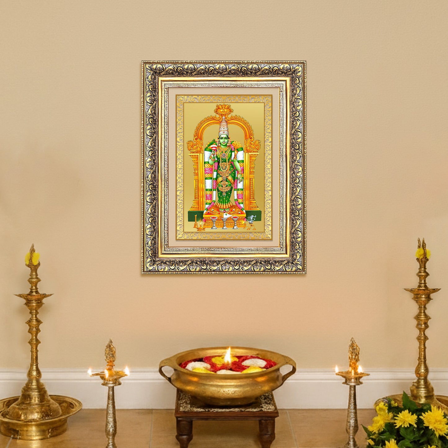 Diviniti 24K Gold Plated Meenakshi Amman (Classic) Divine Wall Frame for Home Mandir & Office Decor | Luxury Spiritual Gift