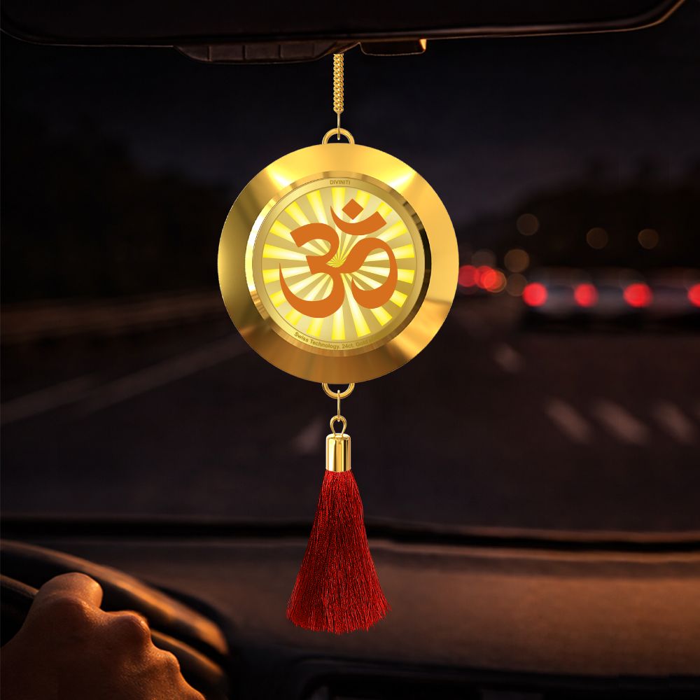 Diviniti 24K Gold Plated Double-Sided Shiva & Om Car Dangler (5.5 cm) | Divine Hanging Car Decor for Protection, Positive Energy & Spiritual Blessings