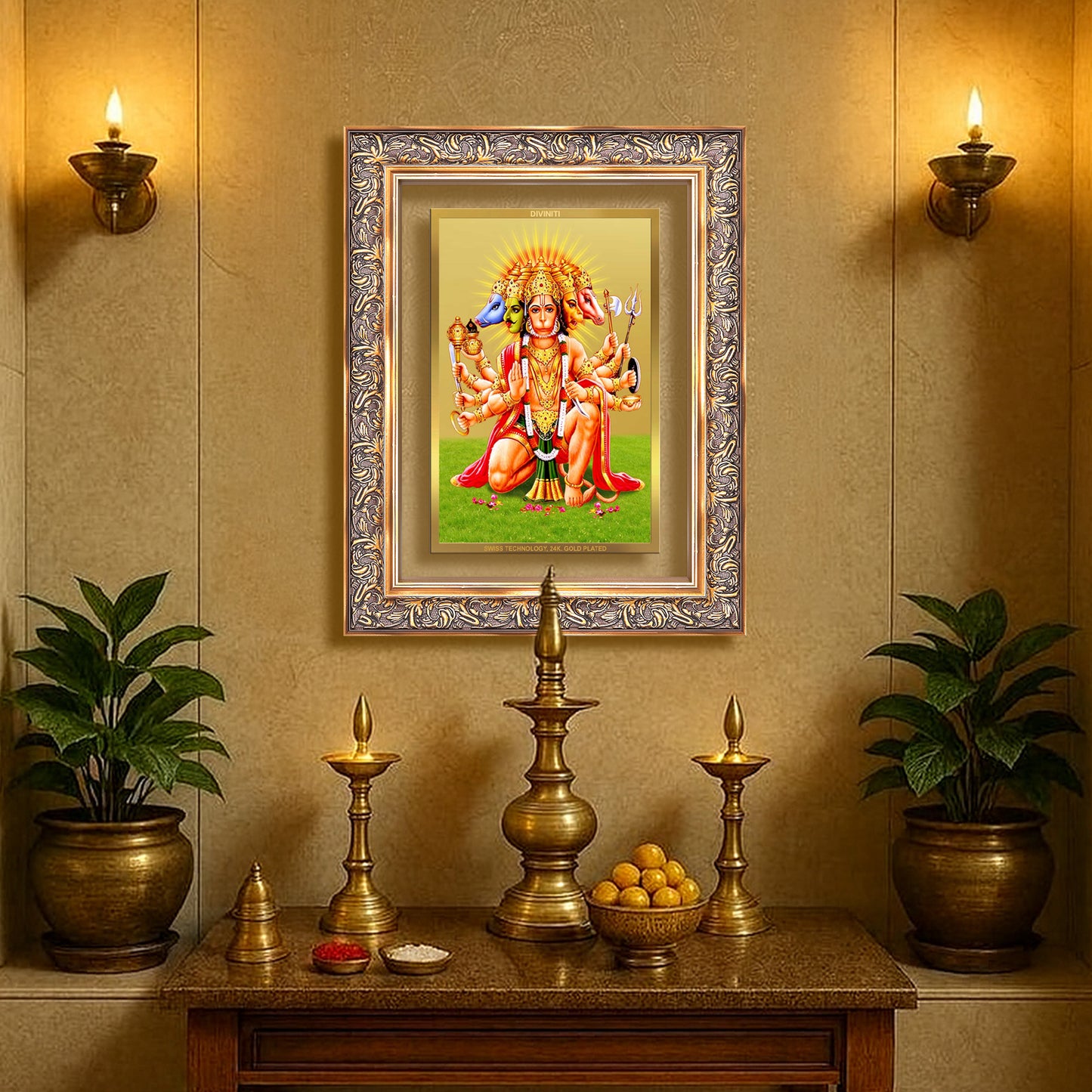 Diviniti 24K Gold Plated Panchmukhi Hanuman (Classic) Divine Wall Frame for Home Mandir & Office Decor | Luxury Spiritual Gift