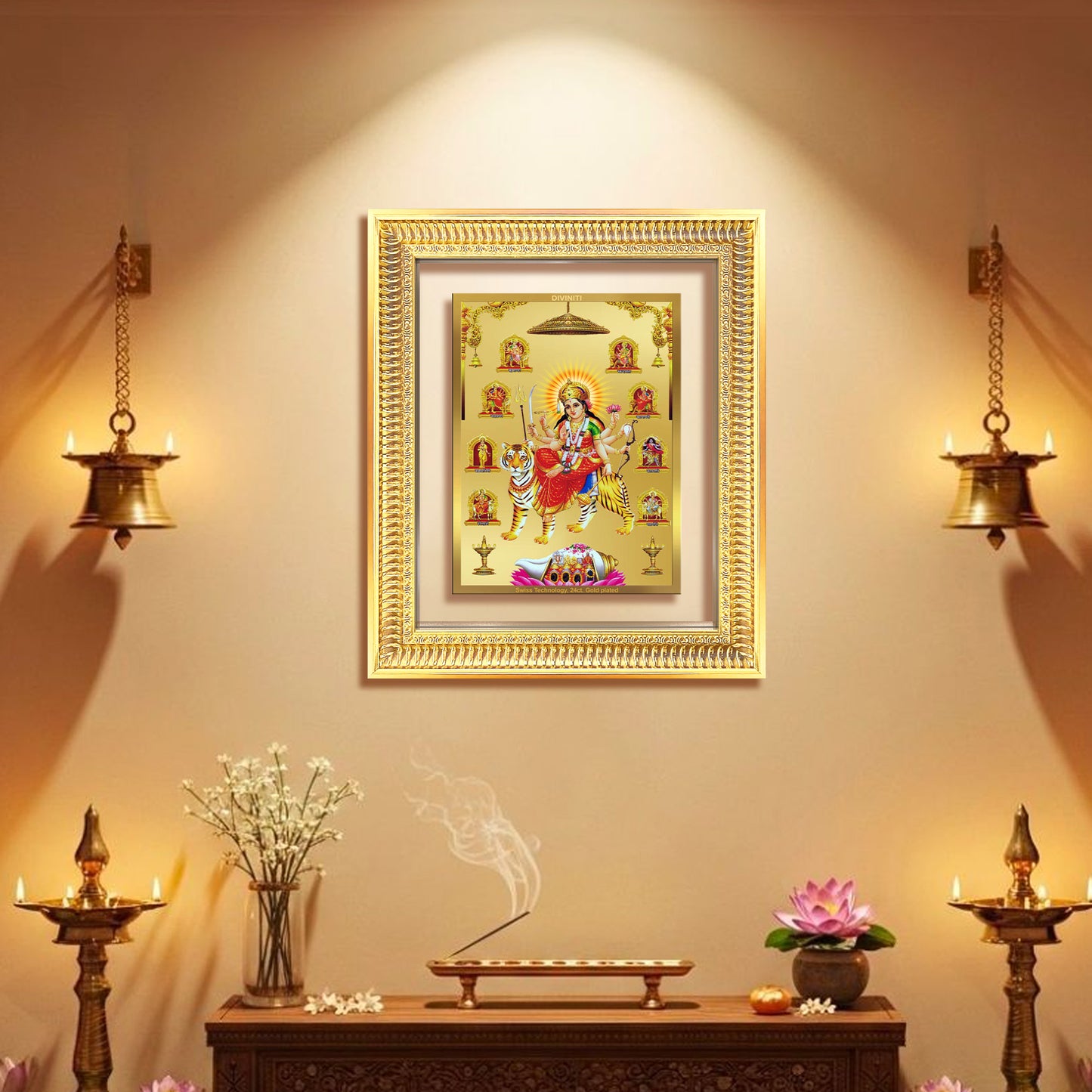 Diviniti 24K Gold Plated Nav Durga (Classic) Divine Wall Frame for Home Mandir & Office Decor | Luxury Spiritual Gift