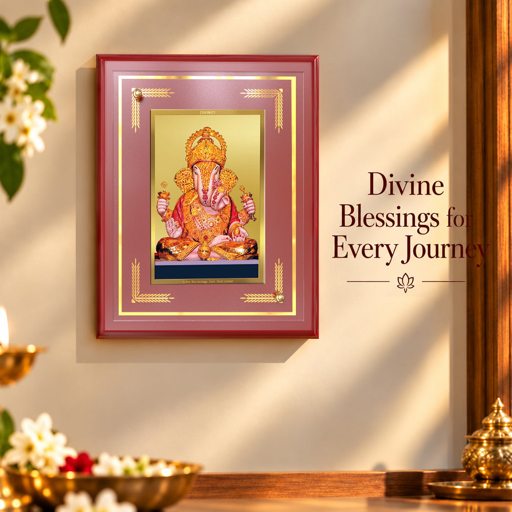 24K Gold-Plated Dagdu Ganesha MDF Frame | Premium Gift Box | 22 x18 CM