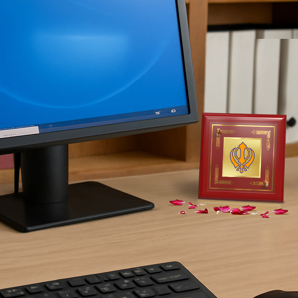 Khanda Sahib | Sacred Sikh Symbol 24K Gold Plated Photo Frame for Home Décor, Tabletop & Office | Blessings of Strength, Unity & Faith (MDF1A)