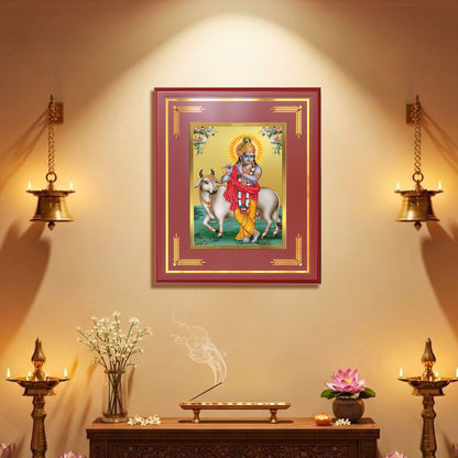 Lord Krishna with Surbhi Cow | Divine Wall Mount Photo Frame in 24K Gold Plated Foil