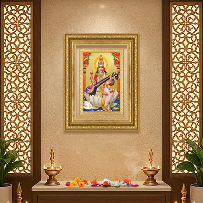 Diviniti 24K Gold Plated Saraswati Mata (Classic) Divine Wall Frame for Home Mandir & Office Decor | Luxury Spiritual Gift