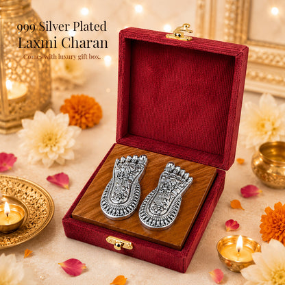 Diviniti 999 Silver Plated Laxmi Charan Paduka with Gift Box | Antique Decor