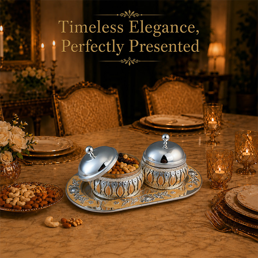 Diviniti Silver-Plated 2 Bowl Serving Set with Tray & Lids | Elegant Peach Enamel Dry Fruit & Mukhwas Bowls for Premium Gifting