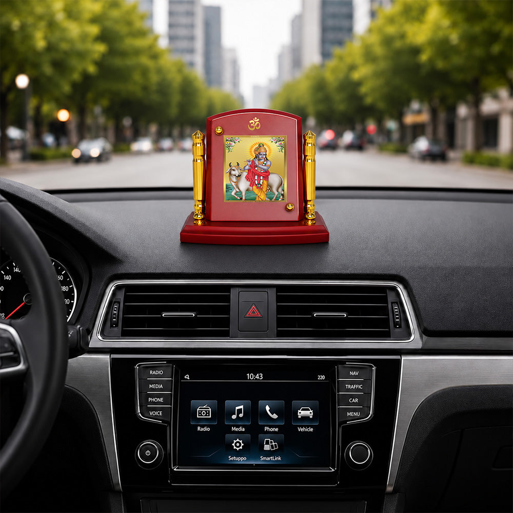 24K Gold-Plated Krishna with Surbhi Cow MDF Car Dashboard Frame | 7.5x9 CM
