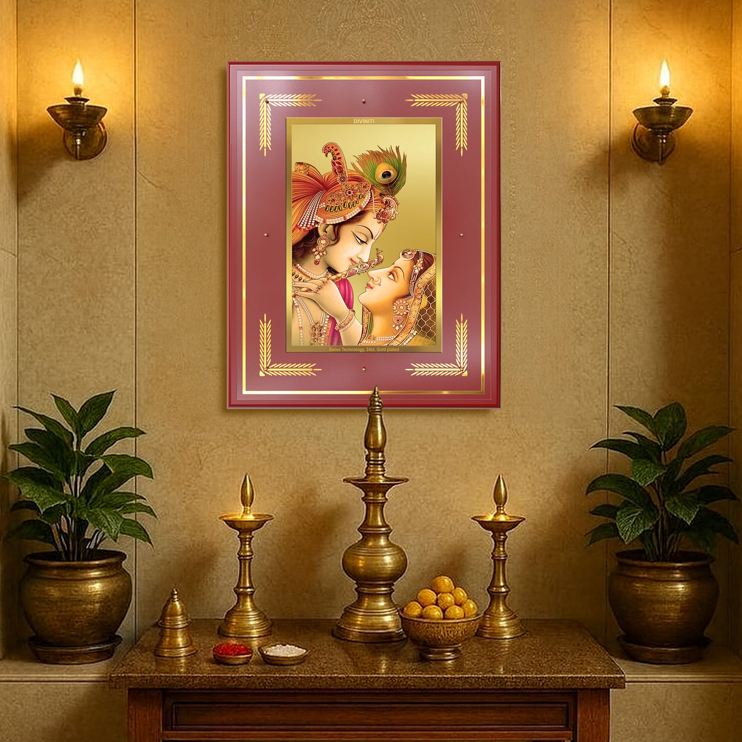 Radha Krishna with Flute | Lord Krishna Wall Mount Photo Frame in 24K Gold Plated Foil