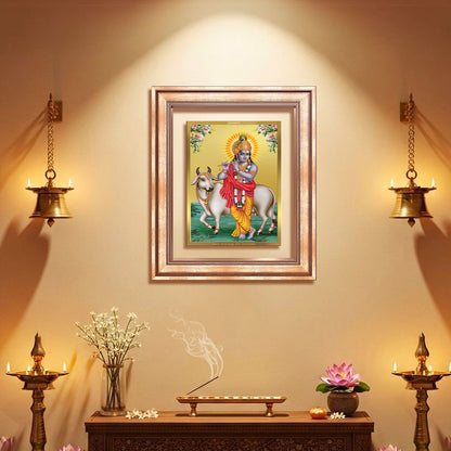 Diviniti 24K Gold Plated Krishna With Surbhi Cow (Classic) Divine Wall Frame for Home Mandir & Office Decor | Luxury Spiritual Gift