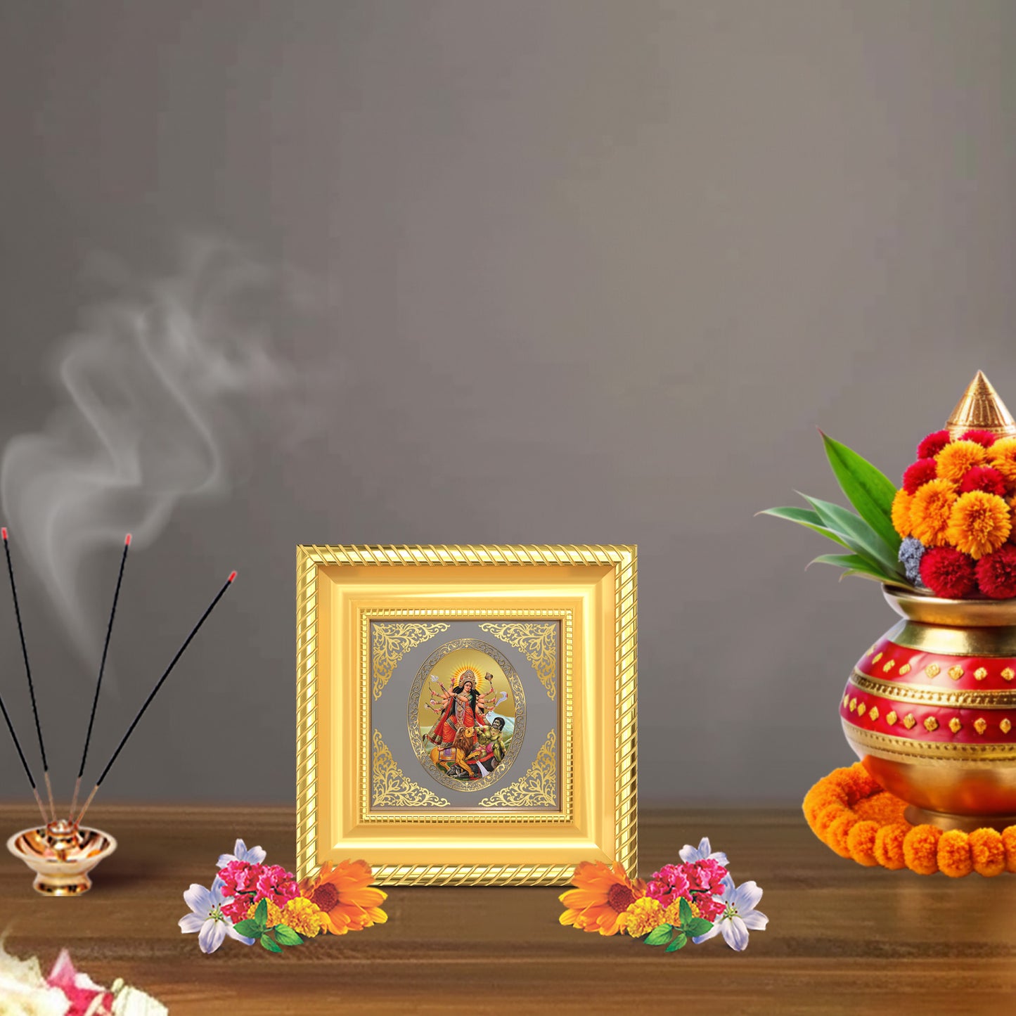 Durga Mahishasura Mardini | Divine Goddess Royal Tabletop Photo Frame in 24K Gold Plated Foil