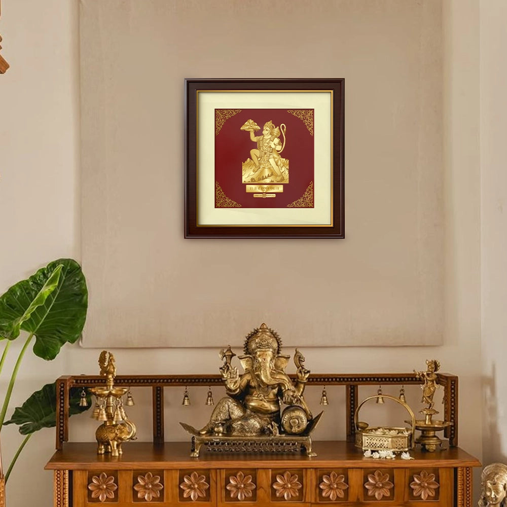Hanuman with Mountain | Divine Strength and Devotion Gold on Gold Wall Hanging Frame in 24K Gold Plated Foil