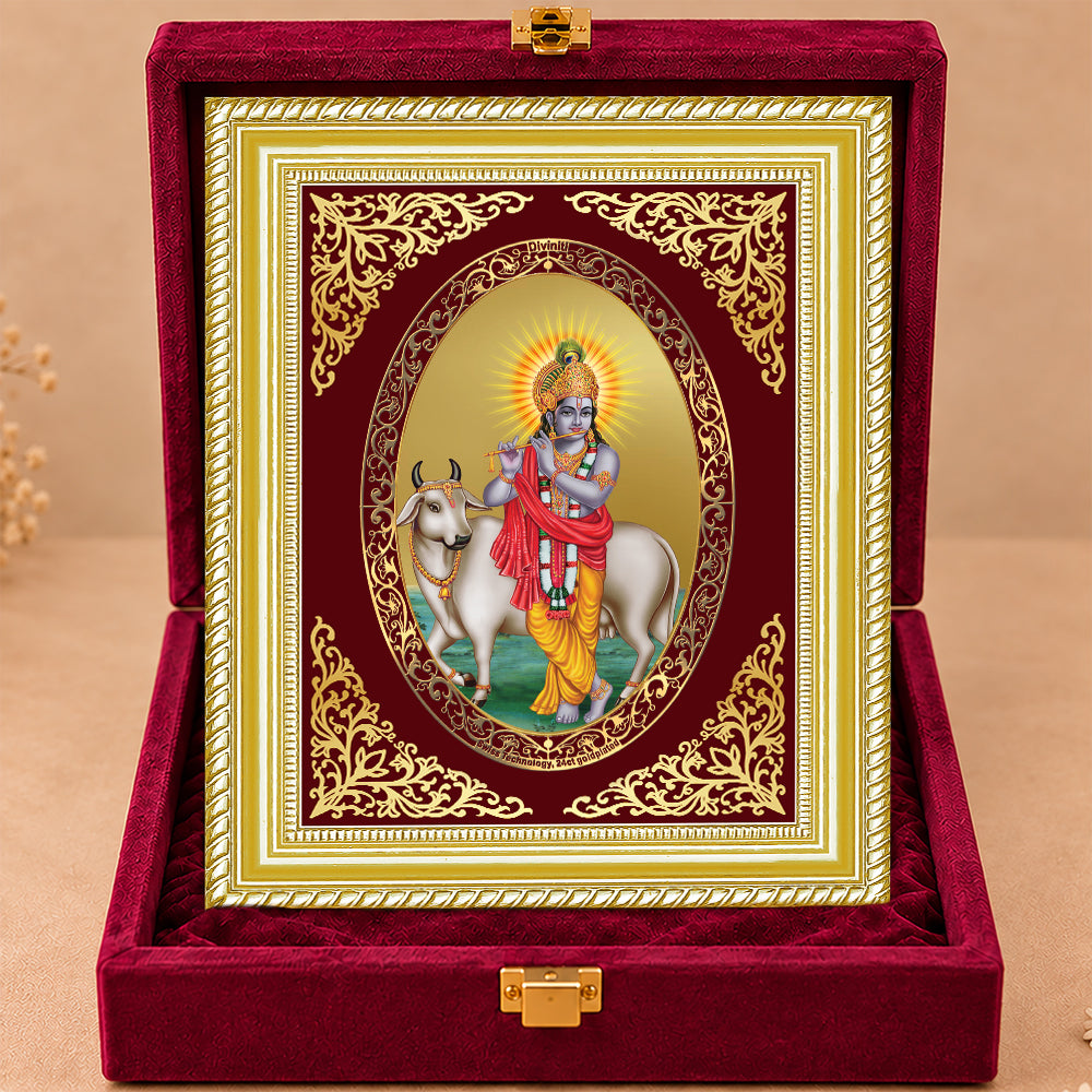 24K Gold-Plated Krishna with Surbhi Cow Frame | Premium Gift Box | 26x20 CM
