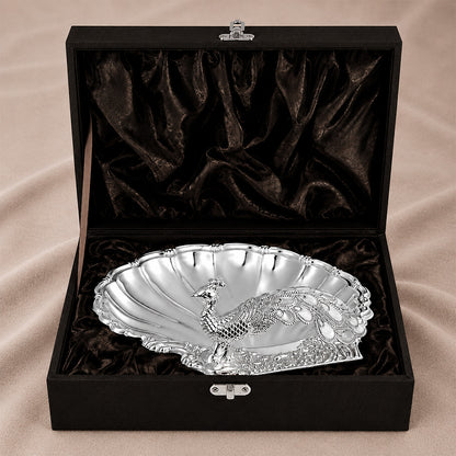 Diviniti Silver Peacock German Silver Dry Fruit Bowl with Gift Box showcasing intricate design and elegant presentation.