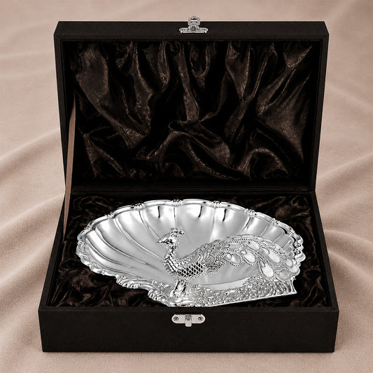 Diviniti Silver Peacock German Silver Dry Fruit Bowl with Gift Box showcasing intricate design and elegant presentation.
