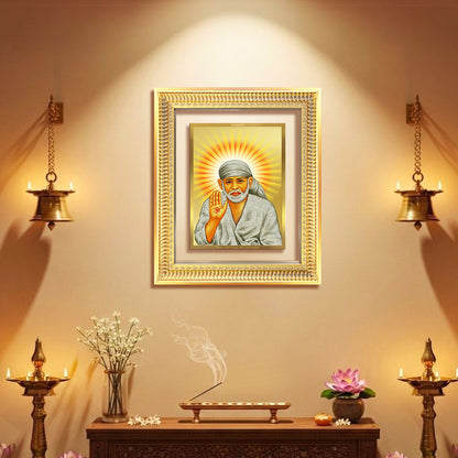Diviniti 24K Gold Plated Sai Baba With Blessings (Classic) Divine Wall Frame for Home Mandir & Office Decor | Luxury Spiritual Gift
