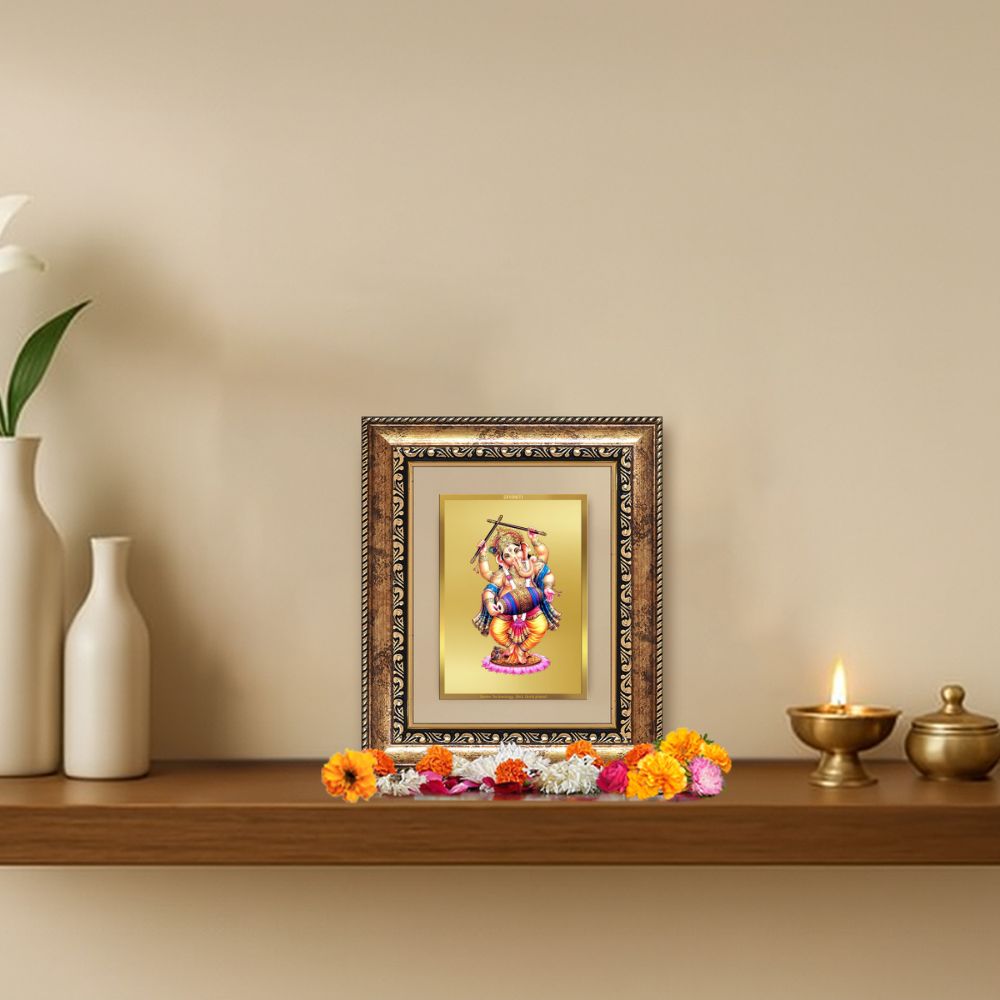 Diviniti 24K Gold Plated Dancing Ganesha Divine Table Top Frame for Home Mandir & Office Decor | Luxury Spiritual Gift
