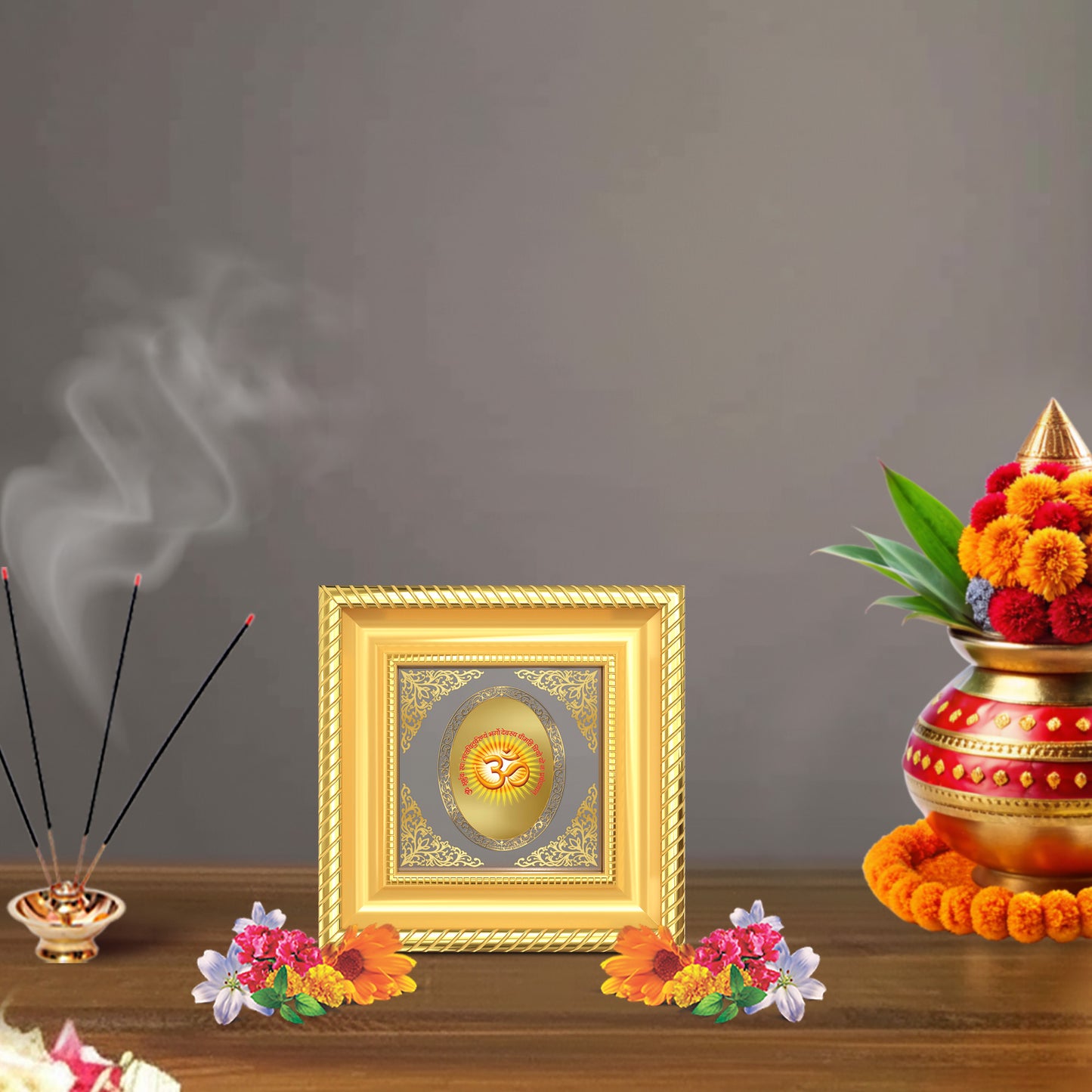 Om with Gayatri Mantra | Sacred Spiritual Royal Tabletop Photo Frame in 24K Gold Plated Foil
