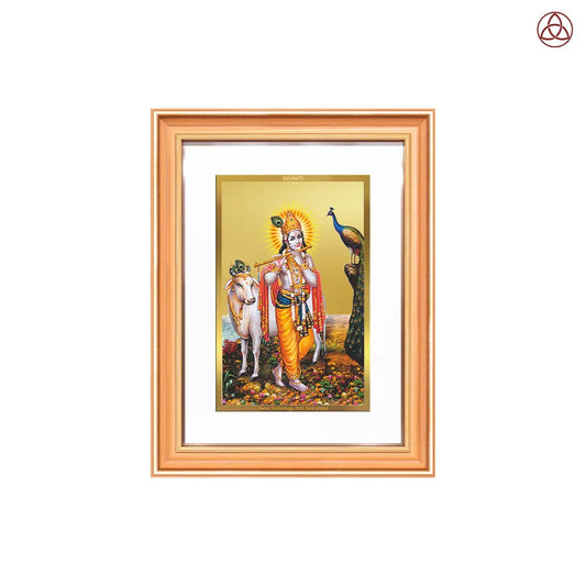 Lord Krishna with Surbhi Cow | Divine Wall Photo Frame in 24K Gold Plated Foil