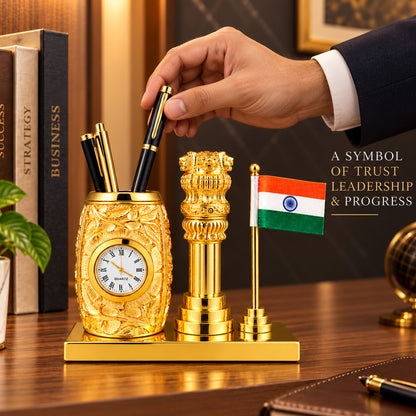 24K Gold-Plated Ashoka Stambh Pen Stand | Premium Gift Box | 12x15 CM