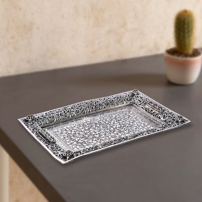 Pure Silver Serving Plate Vintage Dining Elegance, Handcrafted Tableware, Classic Silver Art (28x20 cm, 433g)
