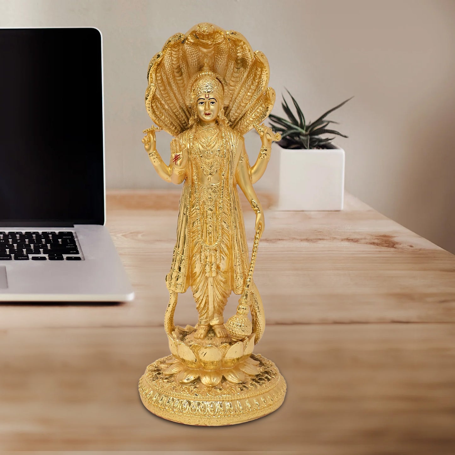 Diviniti 24K Gold-Plated Lord Vishnu Idol Elegant Spiritual Symbol of Protection For Home and Office Décor Tabletop Pooja Room Gift (30x13 CM)