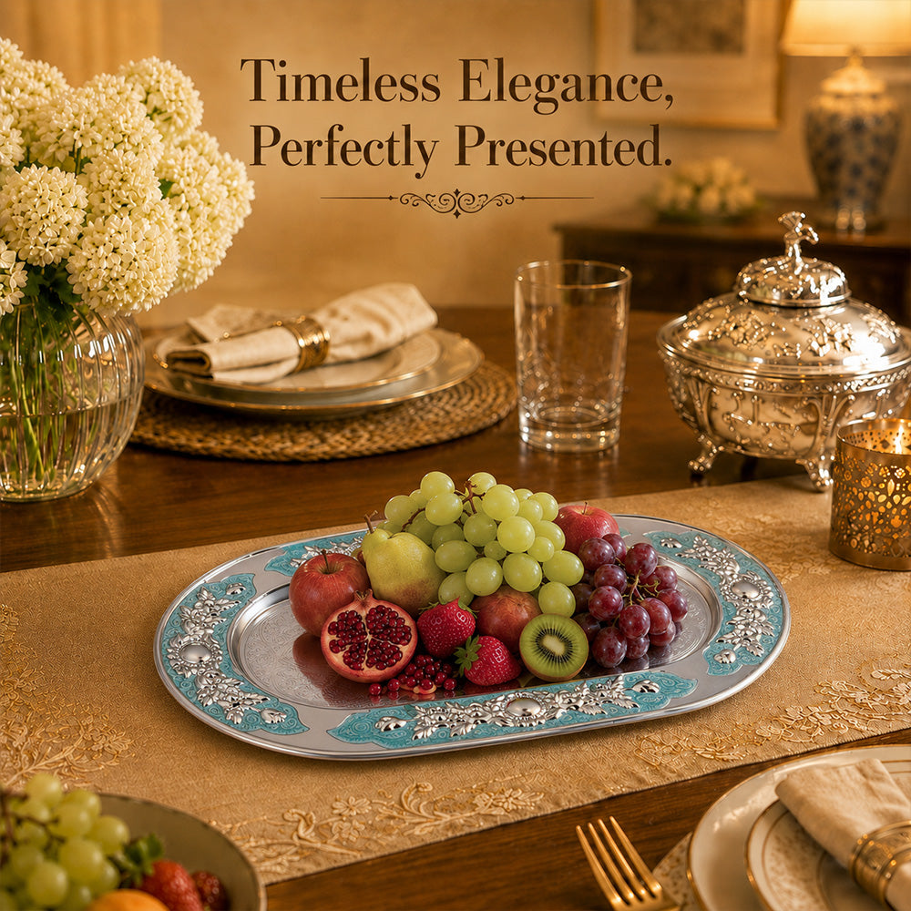 Diviniti Silver-Plated MOP Decorative Tray with Turquoise Accents | Luxury Oval Serving Platter for Dry Fruits, Sweets & Premium Gifting