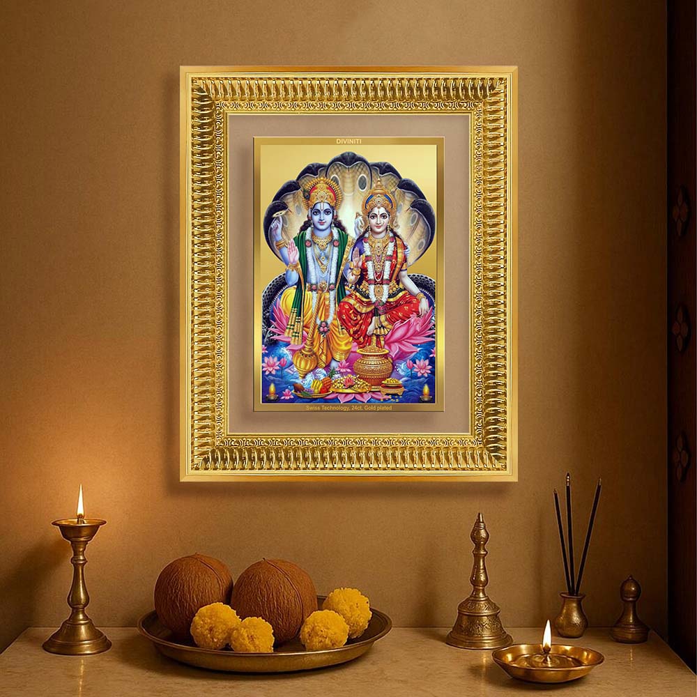 Diviniti 24K Gold Plated Vishnu Lakshmi (Classic) Divine Wall Frame for Home Mandir & Office Decor | Luxury Spiritual Gift