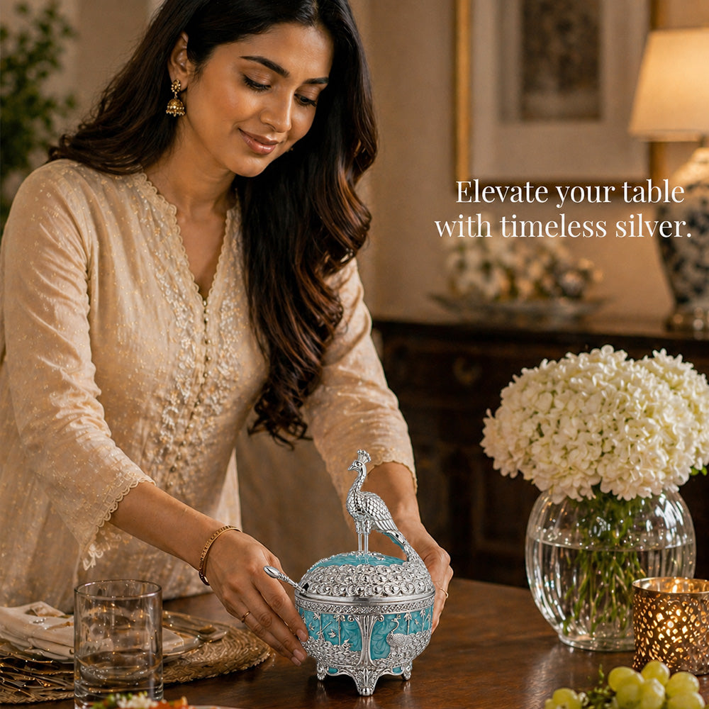 Diviniti German Silver Peacock Sugar Bowl with Spoon, elegant turquoise bowl with floral arrangement, luxury dining decor
