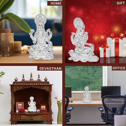Diviniti 925 Pure Silver Laxmi Ji Idol Statue Divine Elegance Wealth and Prosperity for Home Office Décor, Tabletop, Puja Room Gift (7.5x11.8 CM, 118g)
