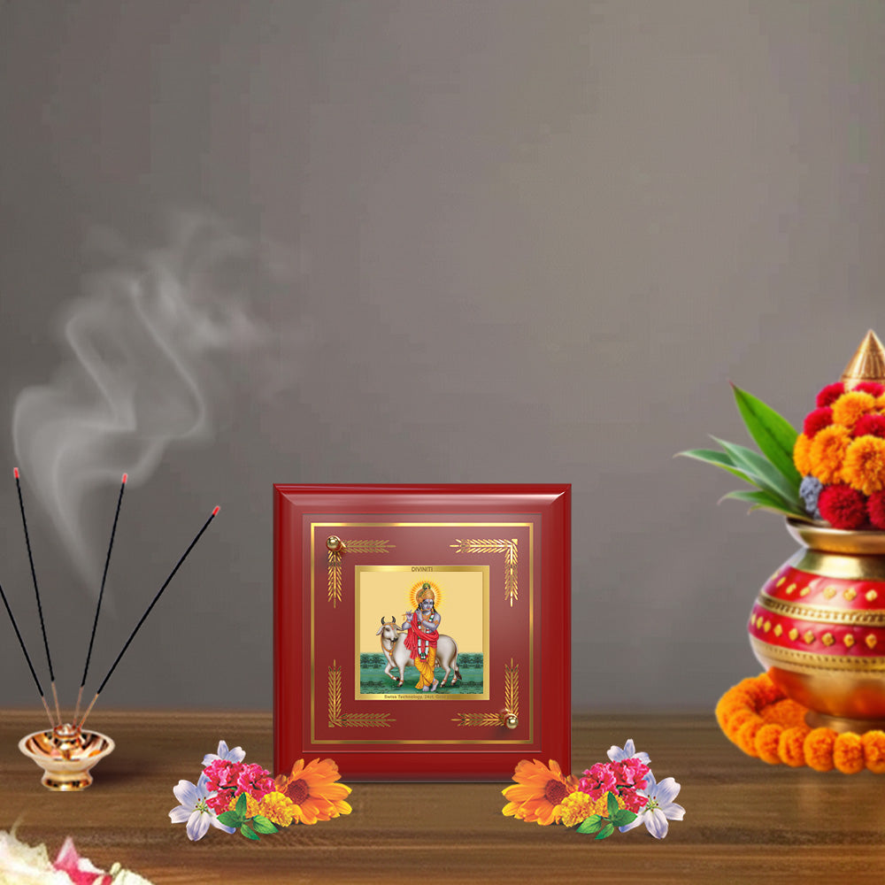 Krishna with Surbhi Cow | Divine Krishna 24K Gold Plated Photo Frame for Home Décor, Tabletop & Office | Blessings of Love, Peace & Prosperity (MDF1A)