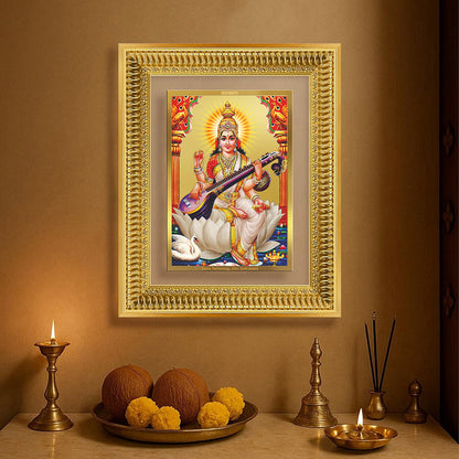 Diviniti 24K Gold Plated Saraswati Mata (Classic) Divine Wall Frame for Home Mandir & Office Decor | Luxury Spiritual Gift