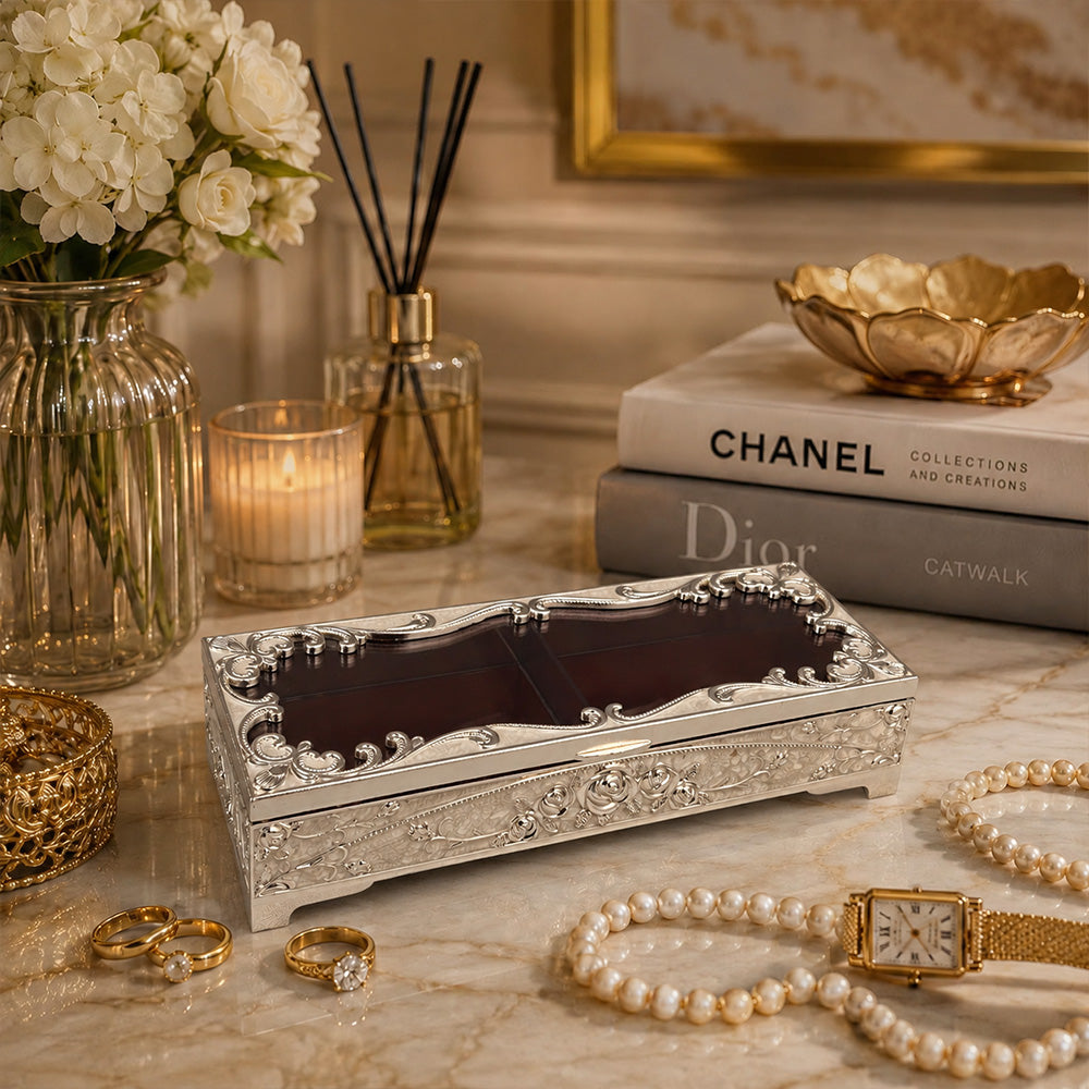 Diviniti German Silver Decorative 2-in-1 Box | Premium Wedding, Festive & Corporate Gift Box – White Finish