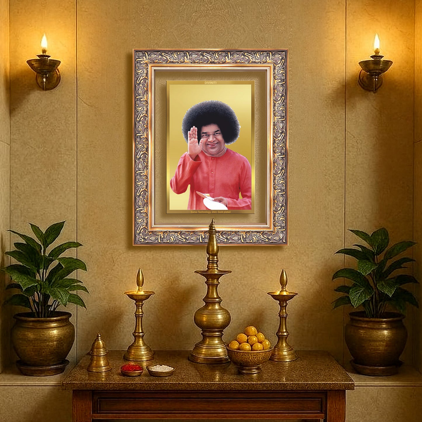 Diviniti 24K Gold Plated Satya Sai Baba (Classic) Divine Wall Frame for Home Mandir & Office Decor | Luxury Spiritual Gift