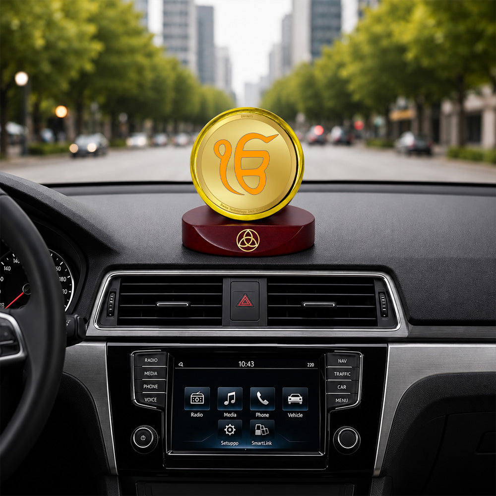 24K Gold-Plated Ik Onkar Car Dashboard Frame | 5x5 CM