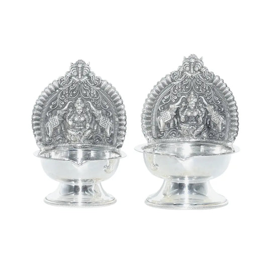 Pure Silver Traditional Lakshmi Kamakshi Diya Set  Decorative Oil Lamps for Puja & Festive Décor (Set of 2)