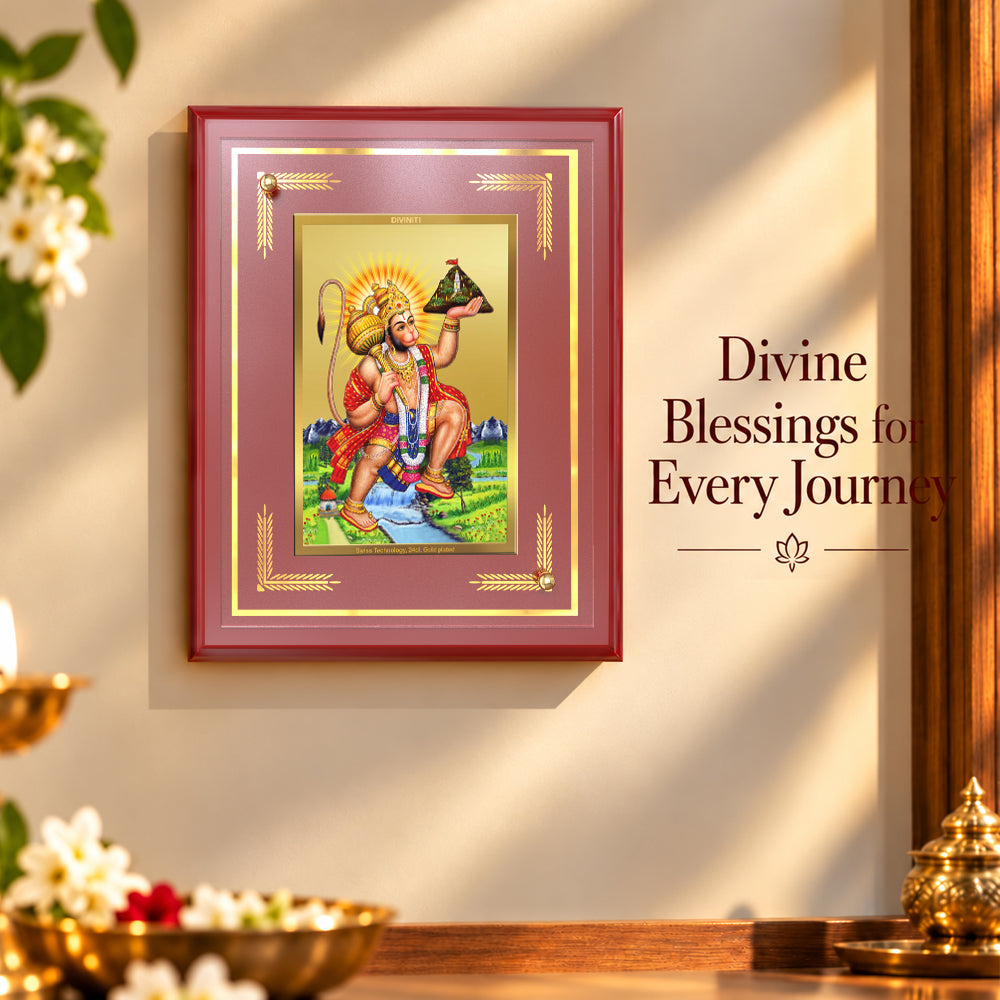 24K Gold-Plated Hanuman with Sanjeevani Mountain MDF Frame | Gift Box | 22 x18 CM