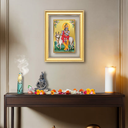 Diviniti 24K Gold Plated Krishna With Surbhi Cow (Classic) Divine Wall Frame for Home Mandir & Office Decor | Luxury Spiritual Gift