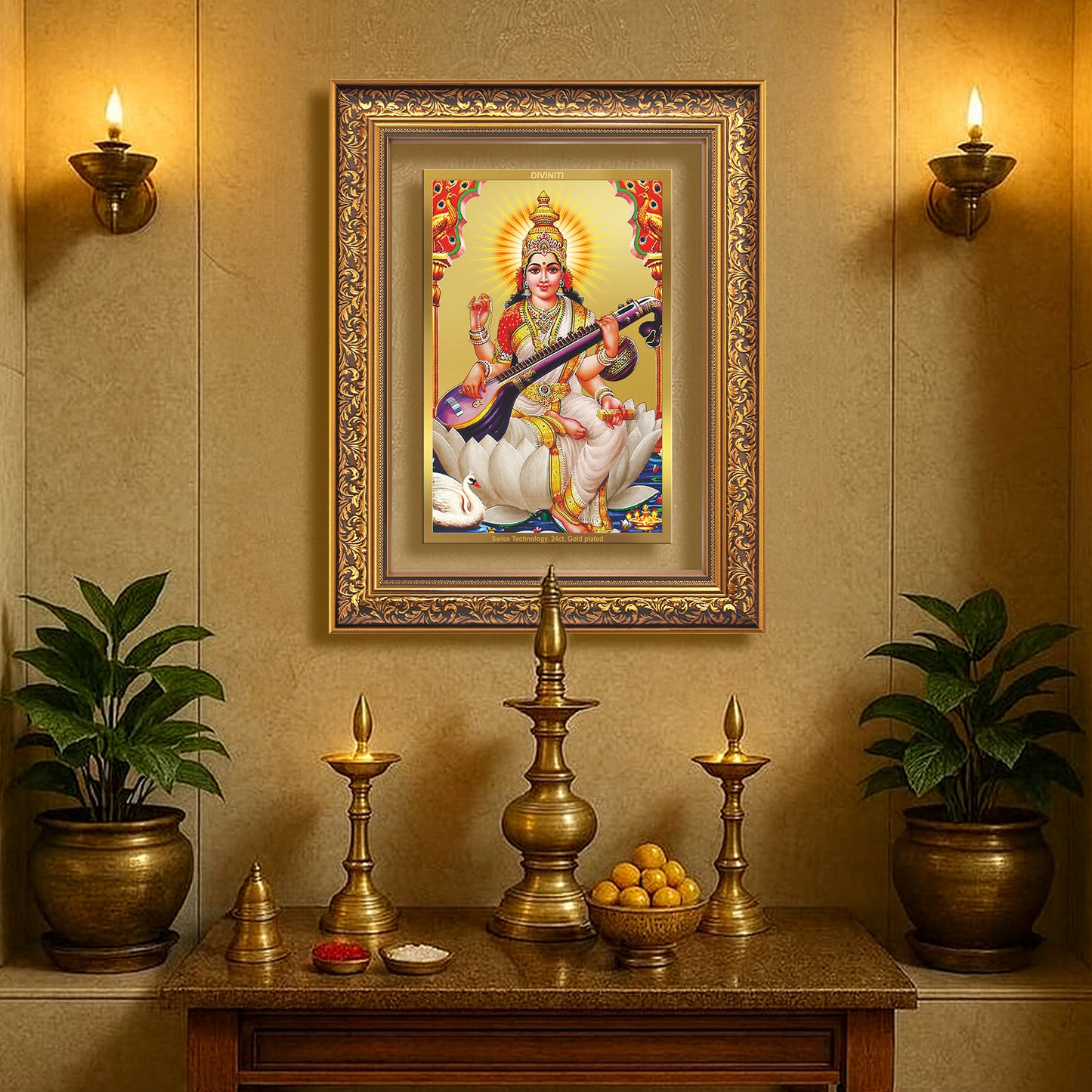 Goddess Saraswati | Divine Mother of Wisdom & Arts Wall Mount Photo Frame in 24K Gold Plated Foil