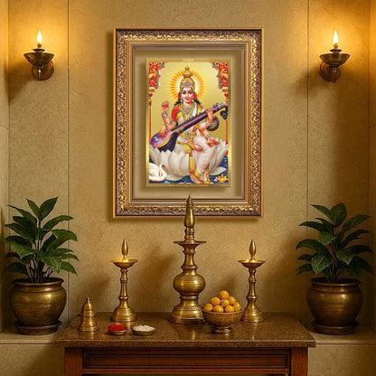 Goddess Saraswati | Divine Mother of Wisdom & Arts Wall Mount Photo Frame in 24K Gold Plated Foil