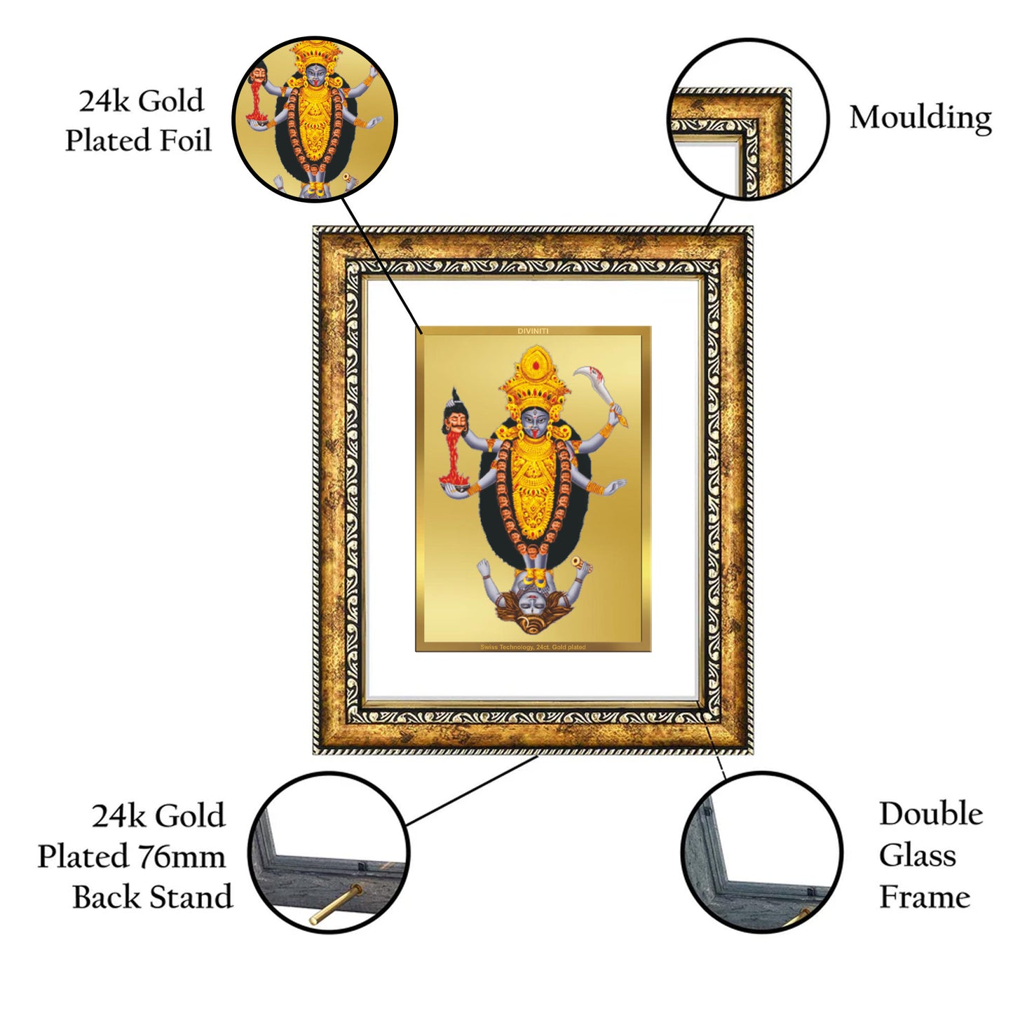 DIVINITI 24K Gold Plated Foil Maa Kali Wall Photo Frame for Home Decor, Wall Hanging, Table Top, Puja Room & Gift DG113S3 (27.6X35.4 CM)