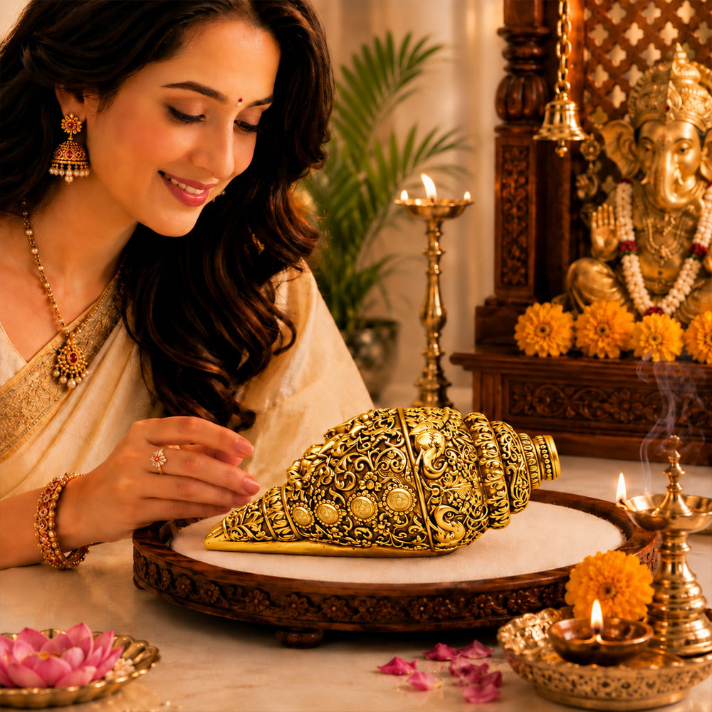 24K Gold-Plated Ganesha Shankh | Premium Gift Box | 12x6 CM