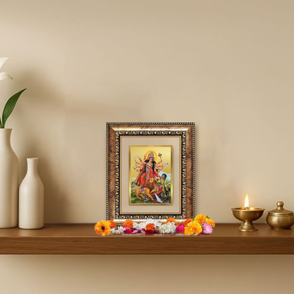 Diviniti 24K Gold Plated Durga - Mahishasura Mardini Divine Table Top Frame for Home Mandir & Office Decor | Luxury Spiritual Gift