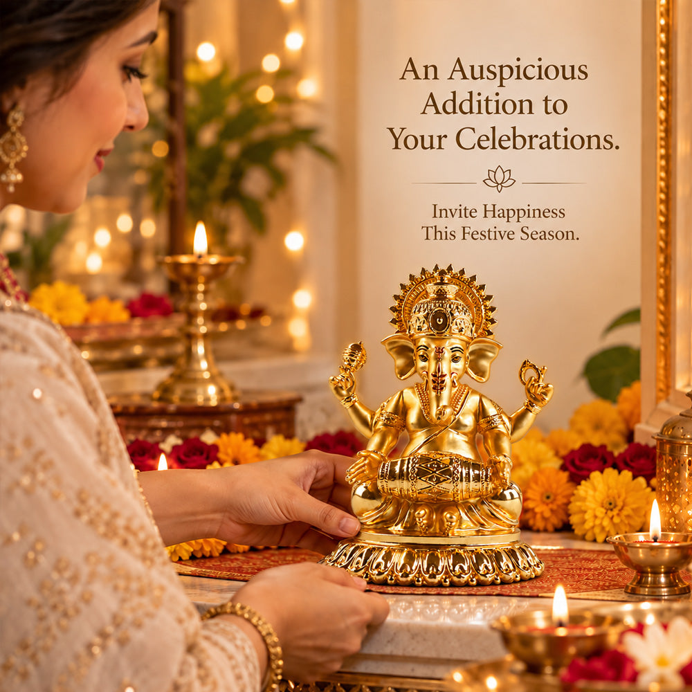 24K Gold-Plated Dholak Ganesha Idol | Premium Gift Box | 15x12 CM