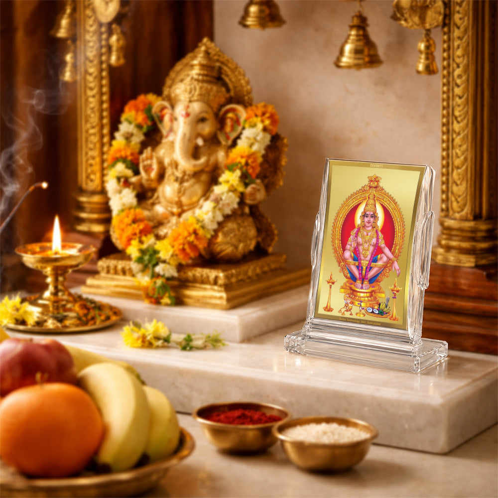 24K Gold-Plated Lord Ayyappan Acrylic Car Dashboard Frame | 11x7 CM