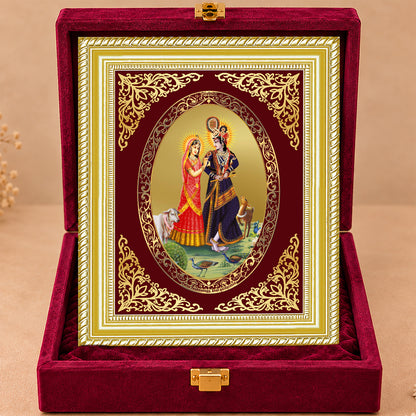 24K Gold-Plated Radha Krishna With Cow Frame | Premium Gift Box | 26x20 CM