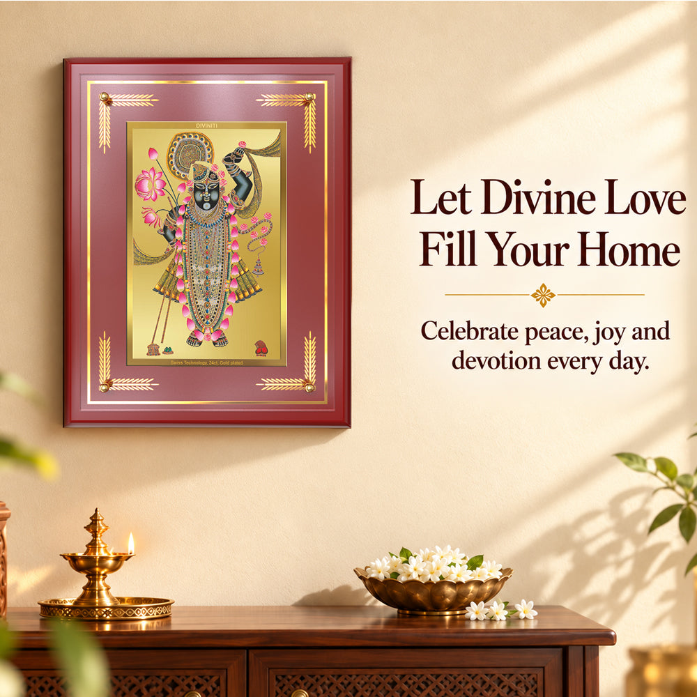 24K Gold-Plated Lord Shrinath Ji MDF Frame | Premium Gift Box | 27x35 CM