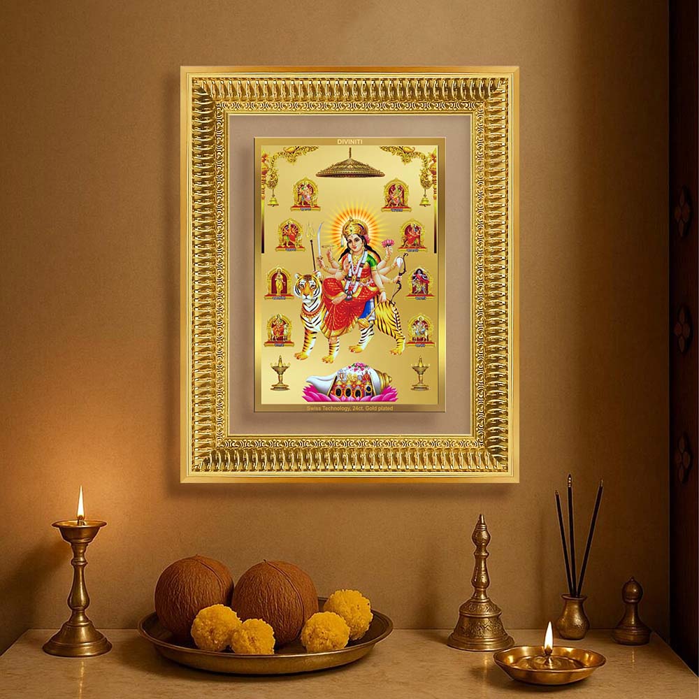Diviniti 24K Gold Plated Nav Durga (Classic) Divine Wall Frame for Home Mandir & Office Decor | Luxury Spiritual Gift
